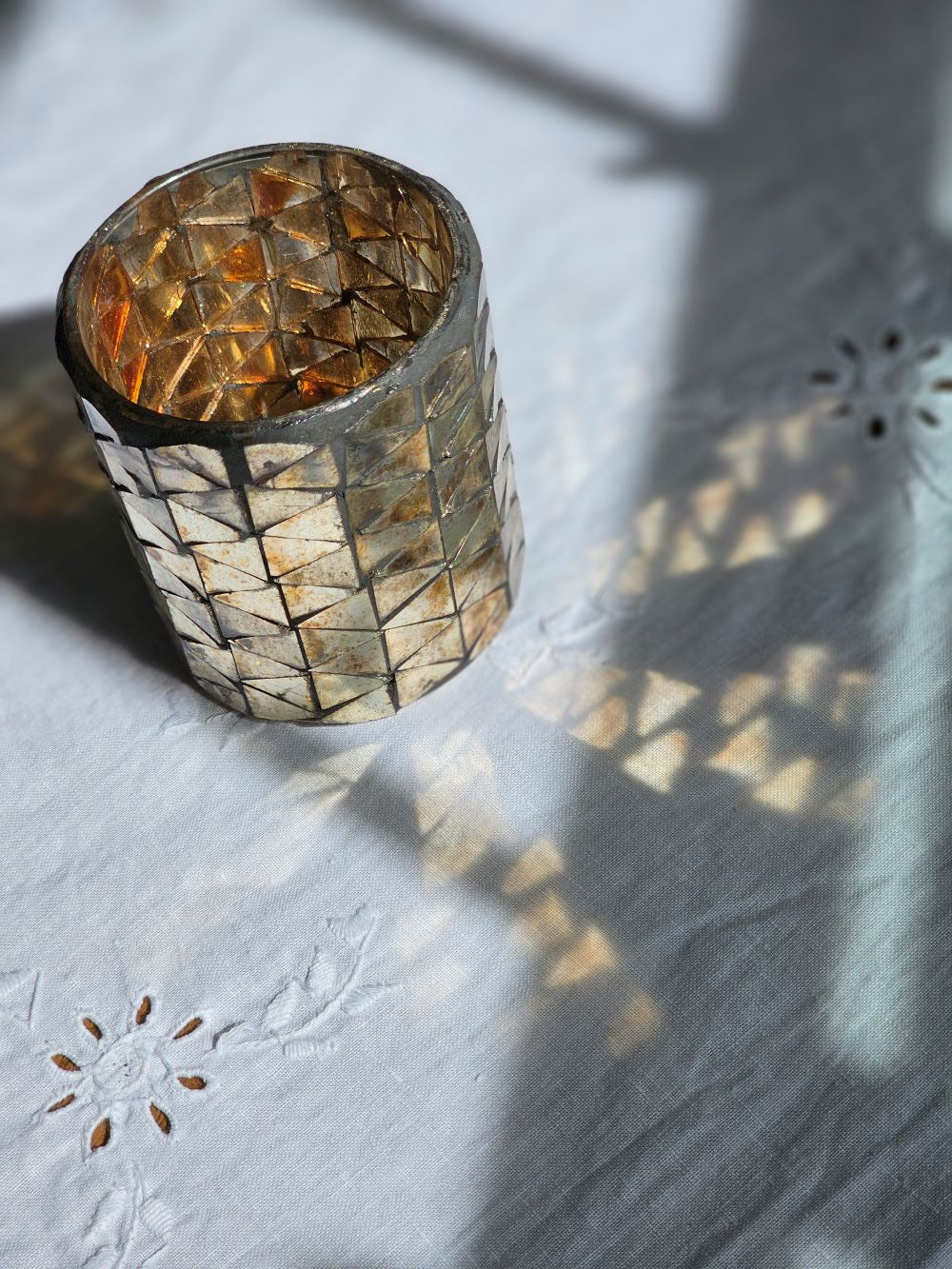 Bougeoir en verre mercure vieilli à la mosaïque