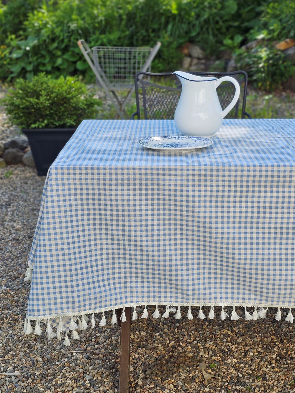 Nappe Vichy Bleu Français avec Finitions à Pompons