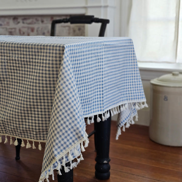 Nappe Vichy Bleu Français avec Finitions à Pompons