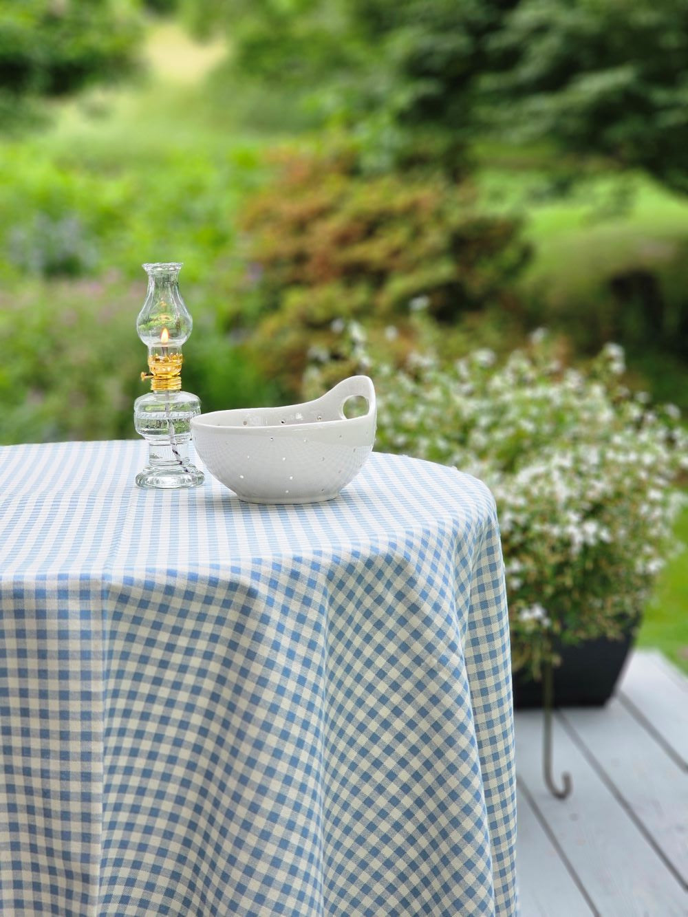 French Blue Gingham Tablecloth with Tassel Trim