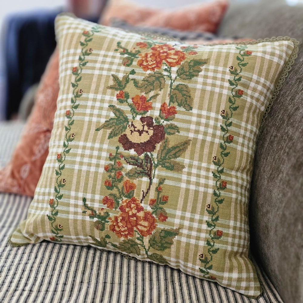 Housse de coussin de récolte en needlepoint et à carreaux